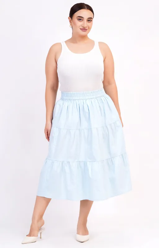 Evelyn Tiered Midi Skirt Wispy Blue sold by Leota