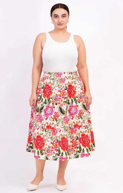 Evelyn Tiered Midi Skirt Crown Floral Flame Scarlet sold by Leota