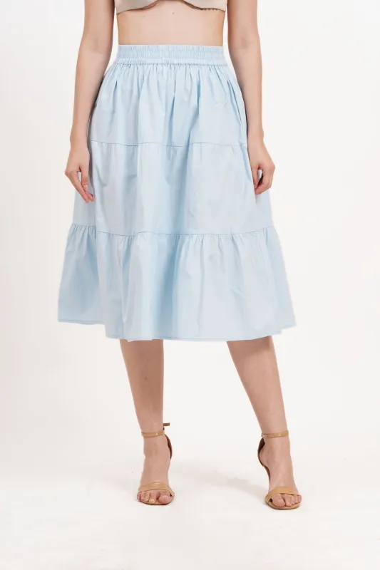 Evelyn Tiered Midi Skirt Wispy Blue sold by Leota