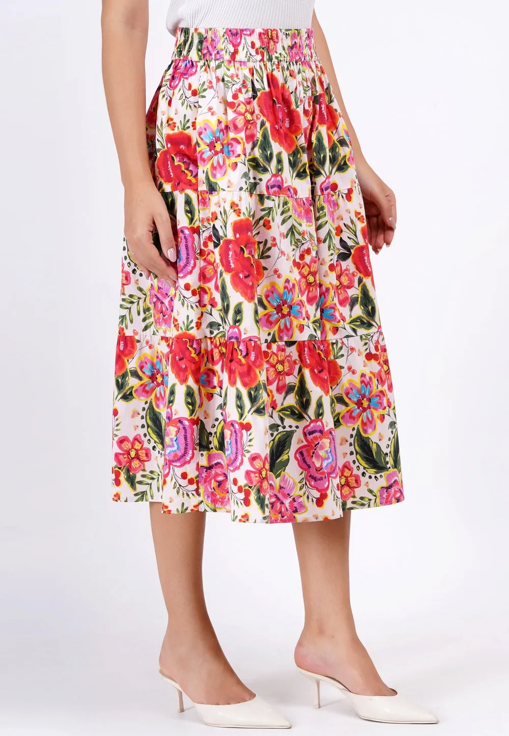 Evelyn Tiered Midi Skirt Crown Floral Flame Scarlet sold by Leota product image thumbnail 4