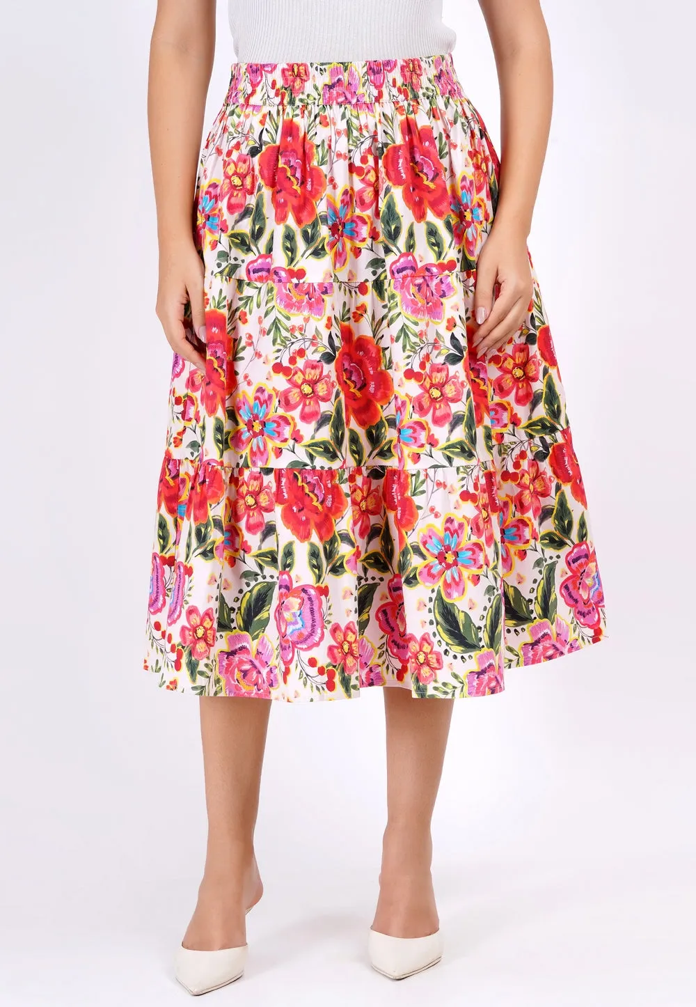 Evelyn Tiered Midi Skirt Crown Floral Flame Scarlet sold by Leota product image thumbnail 3