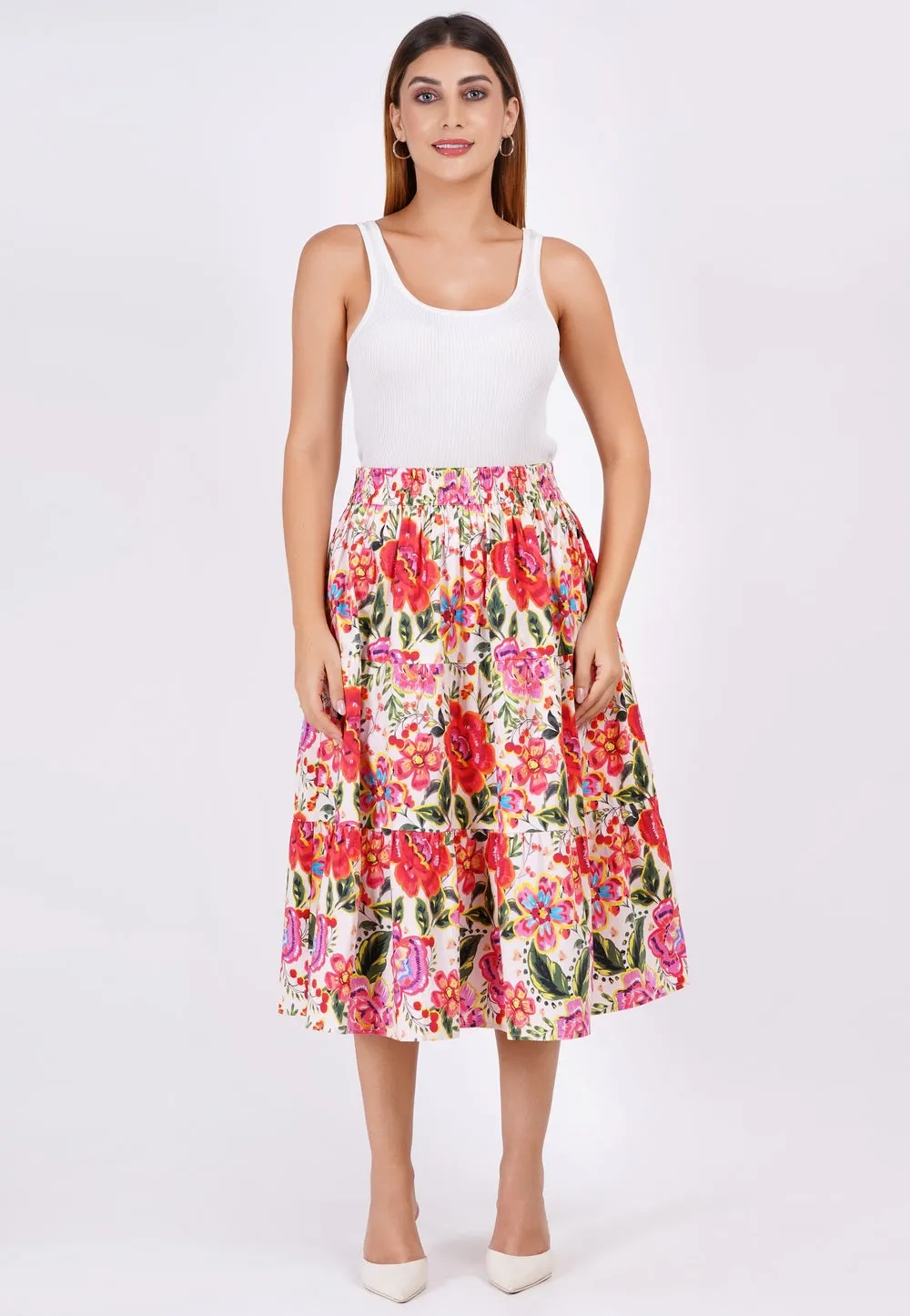 Evelyn Tiered Midi Skirt Crown Floral Flame Scarlet sold by Leota