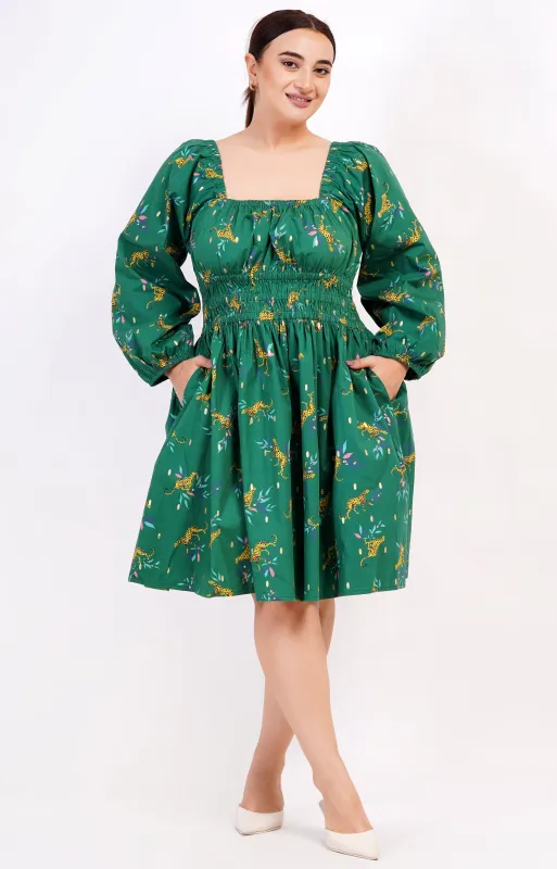 Genevieve Square Neck Mini Dress Lucky Cheetah Verdant Green sold by Leota