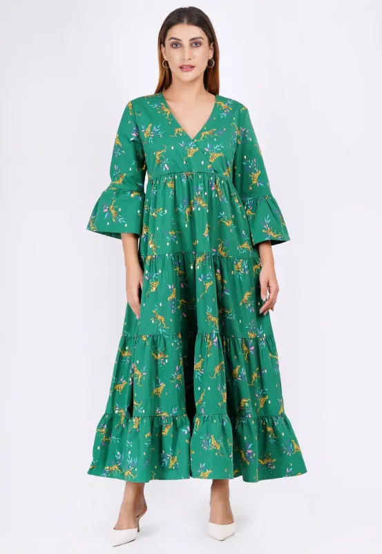 Sariah Poplin Maxi Dress Lucky Cheetah Verdant Green sold by Leota
