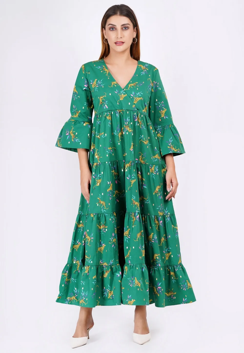 Sariah Poplin Maxi Dress Lucky Cheetah Verdant Green sold by Leota