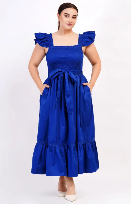 Ivanna A-Line Smocked Midi Dress Solid Mazarine Blue sold by Leota
