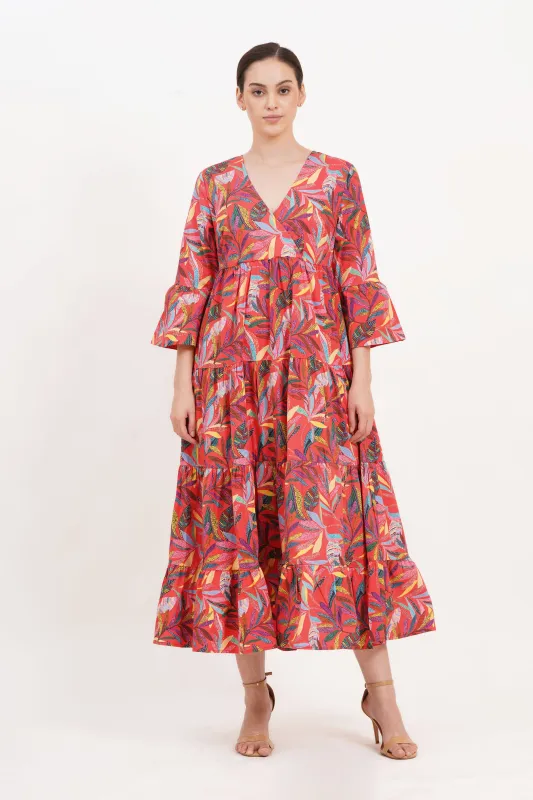 Sariah Poplin Maxi Dress Palm Foliage Poppy Red sold by Leota