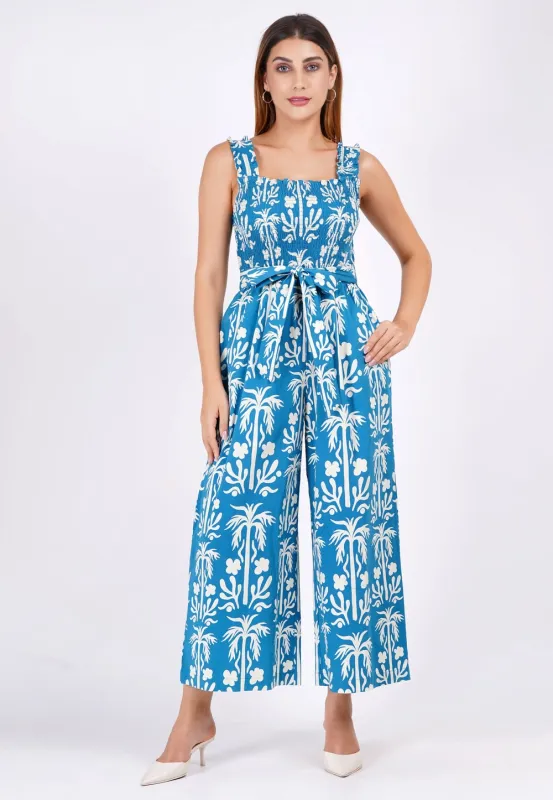 Janet Cropped Jumpsuit Palm Fields Mykonos Blue sold by Leota