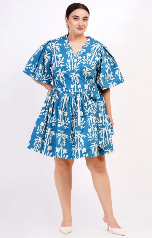 Alena Mini Wrap Dress Palm Fields Mykonos Blue sold by Leota