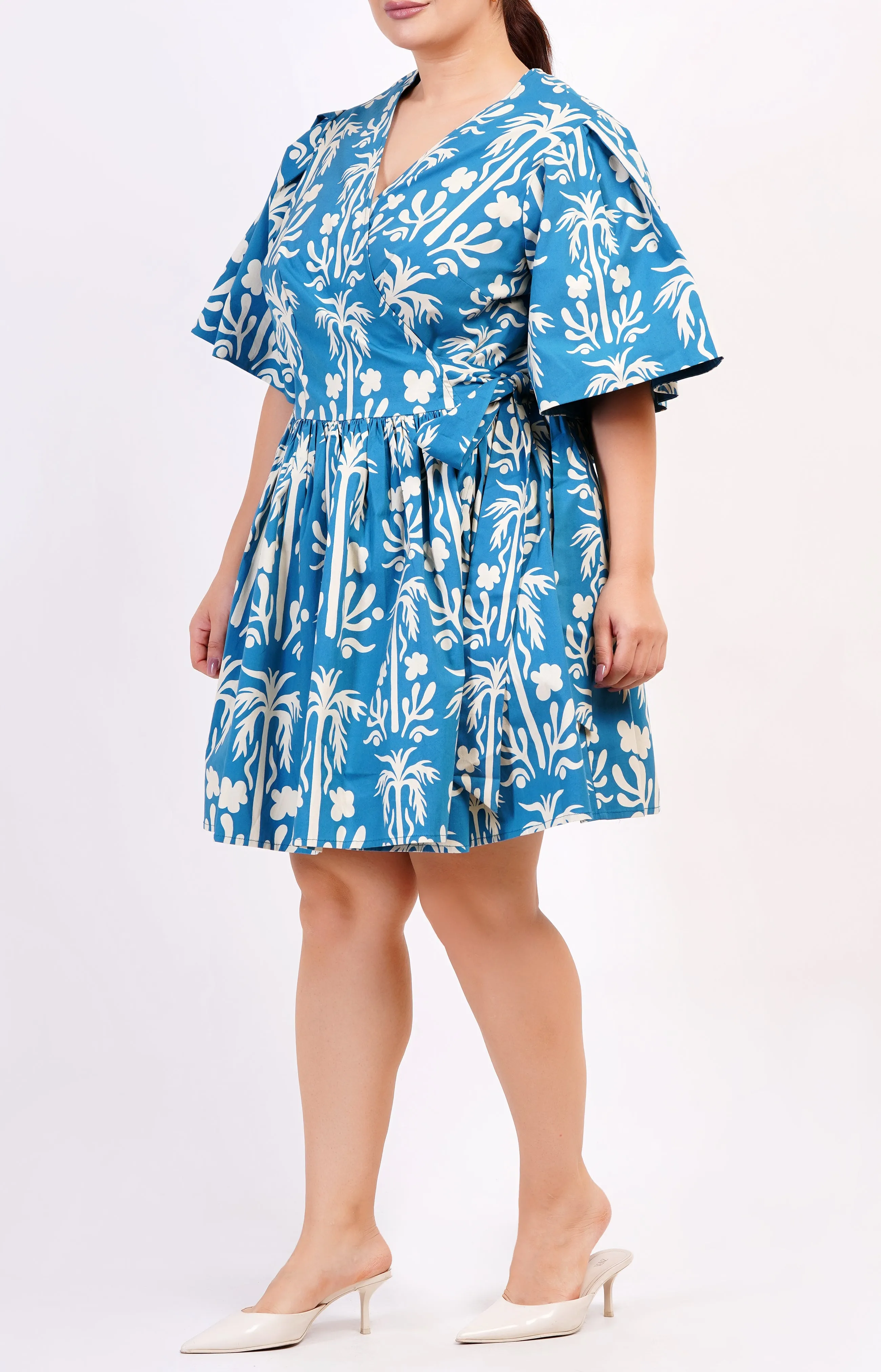 Alena Mini Wrap Dress Palm Fields Mykonos Blue sold by Leota product image thumbnail 3