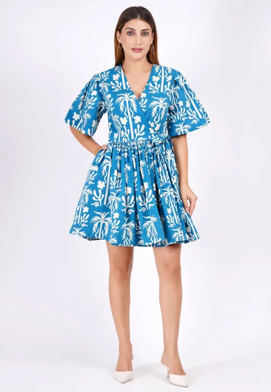 Alena Mini Wrap Dress Palm Fields Mykonos Blue sold by Leota