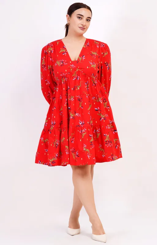 Zariah Empire Waist Mini Dress Lucky Cheetah Poppy Red sold by Leota