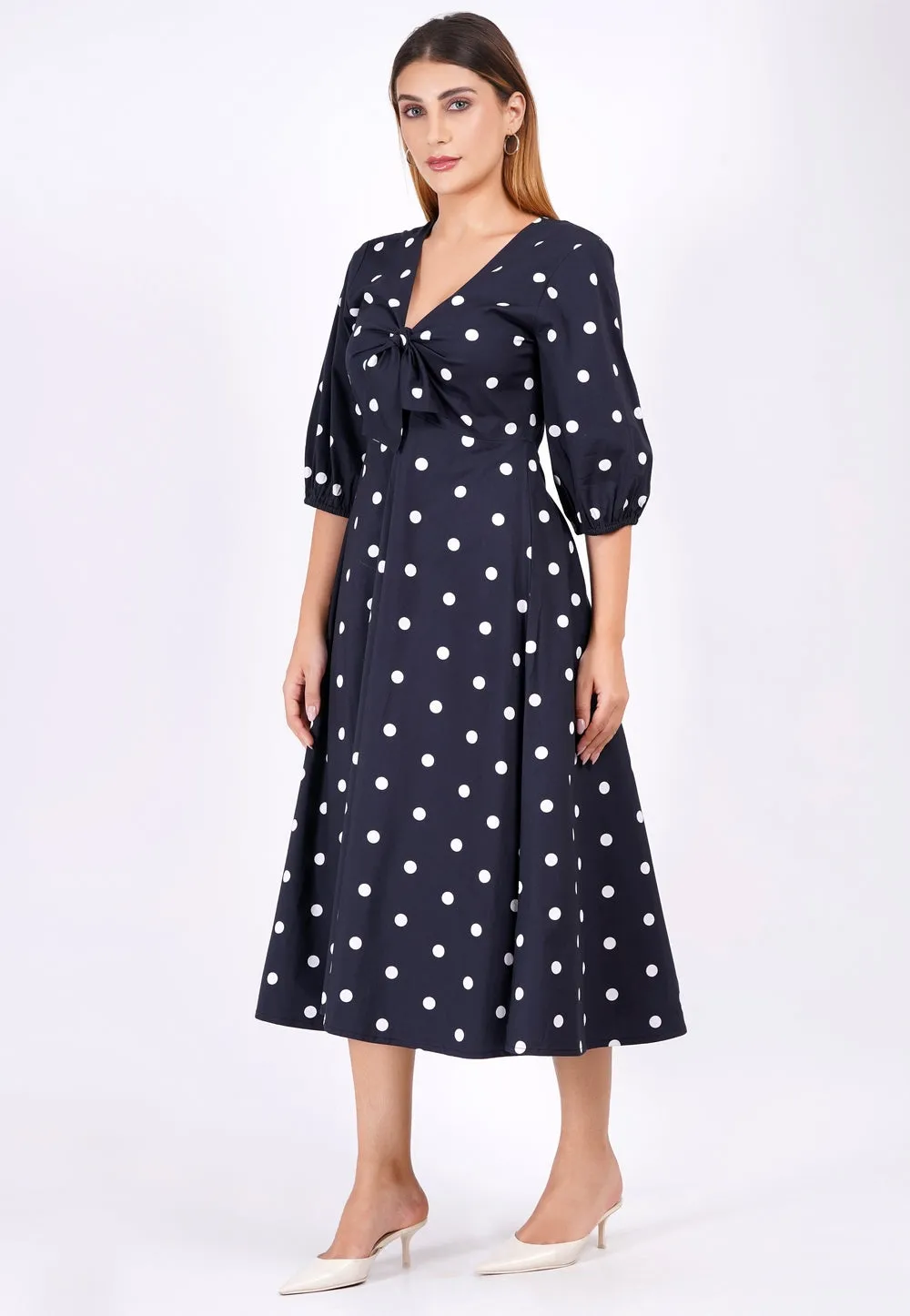 Adriana Tie-Front Midi Dress Small Polka Black White sold by Leota product image thumbnail 4