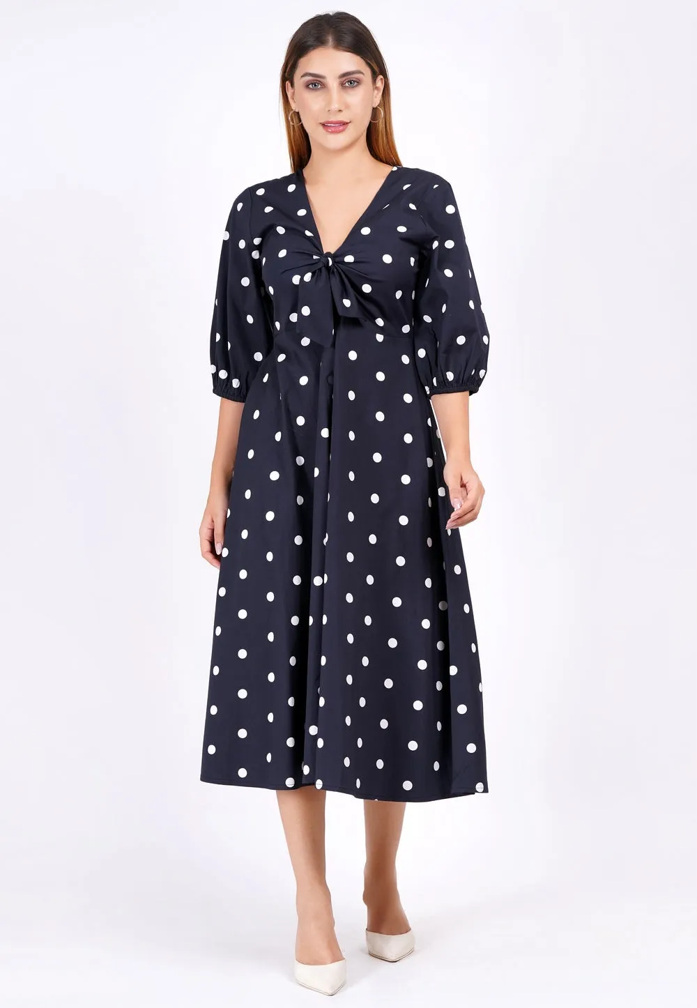 Adriana Tie-Front Midi Dress Small Polka Black White sold by Leota product image thumbnail 3