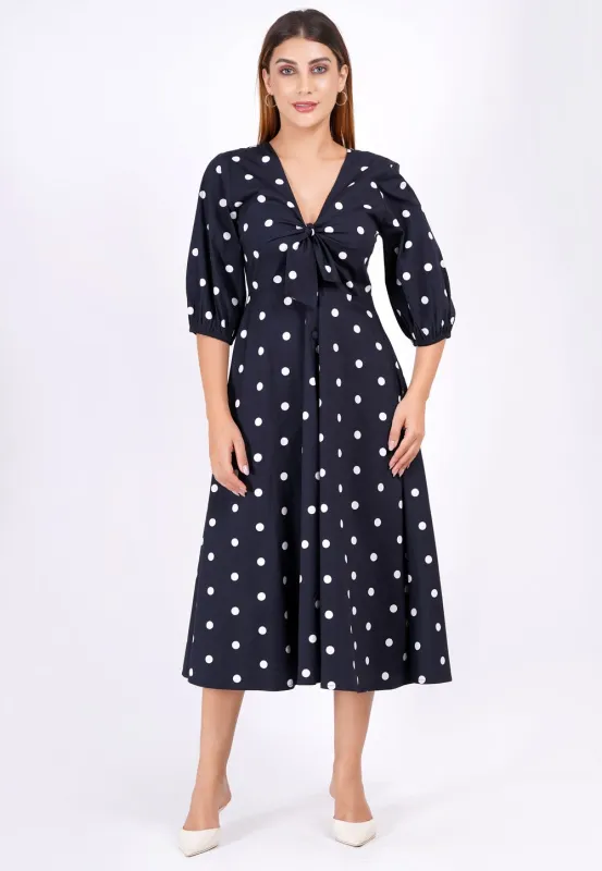 Adriana Tie-Front Midi Dress Small Polka Black White sold by Leota