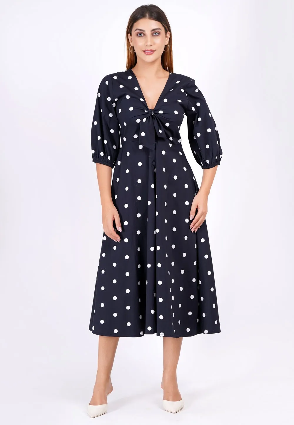 Adriana Tie-Front Midi Dress Small Polka Black White sold by Leota