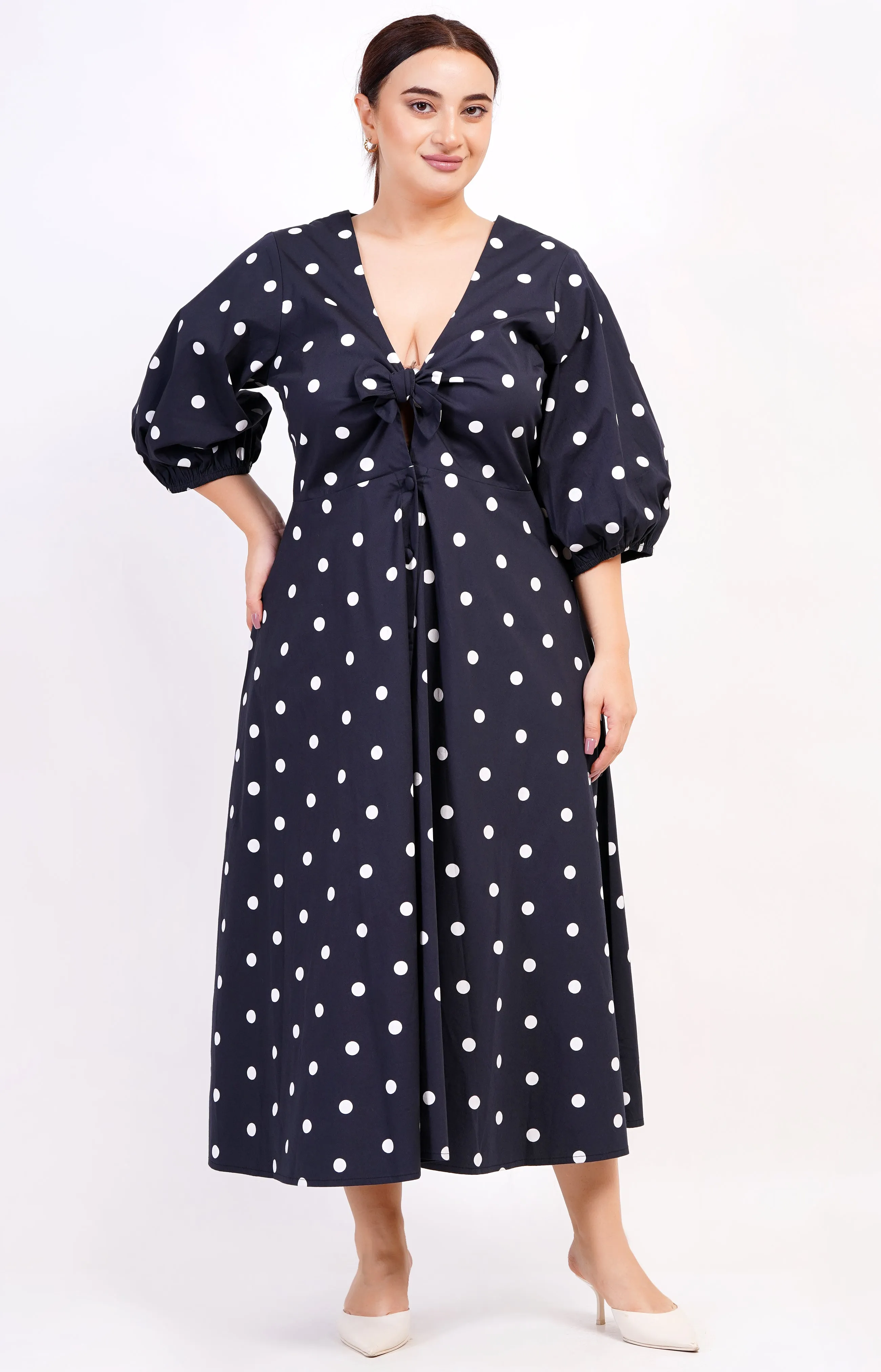 Adriana Tie-Front Midi Dress Small Polka Black White sold by Leota