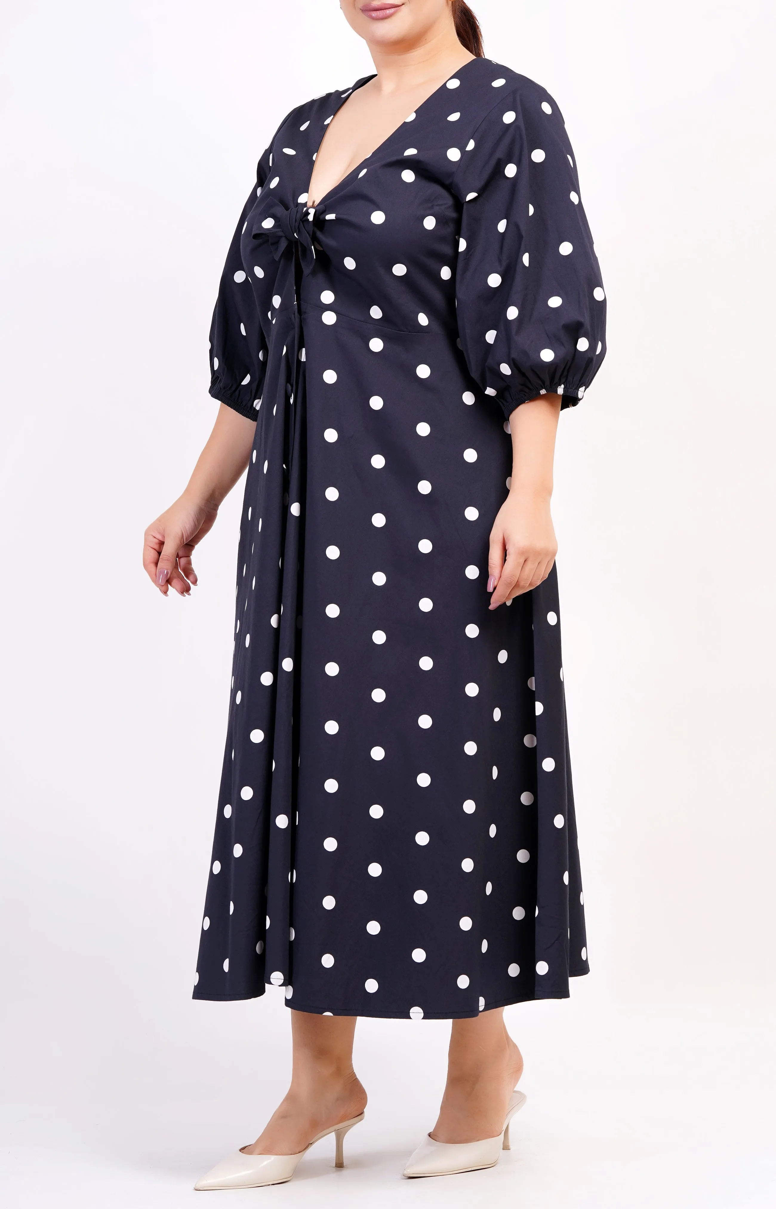 Adriana Tie-Front Midi Dress Small Polka Black White sold by Leota product image thumbnail 4