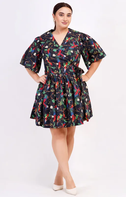 Alena Mini Wrap Dress Macaw Print sold by Leota