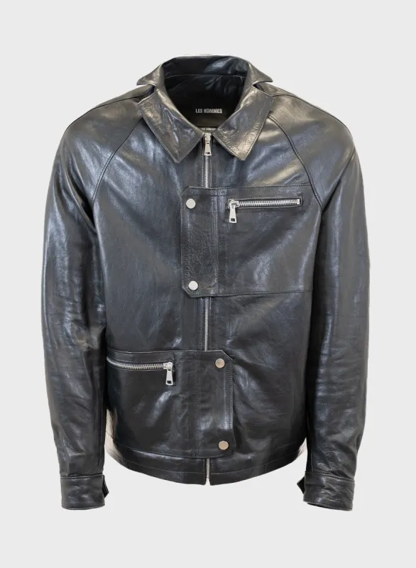 RAGLAN SLEEVE LEATHER JACKET sold by Les Hommes