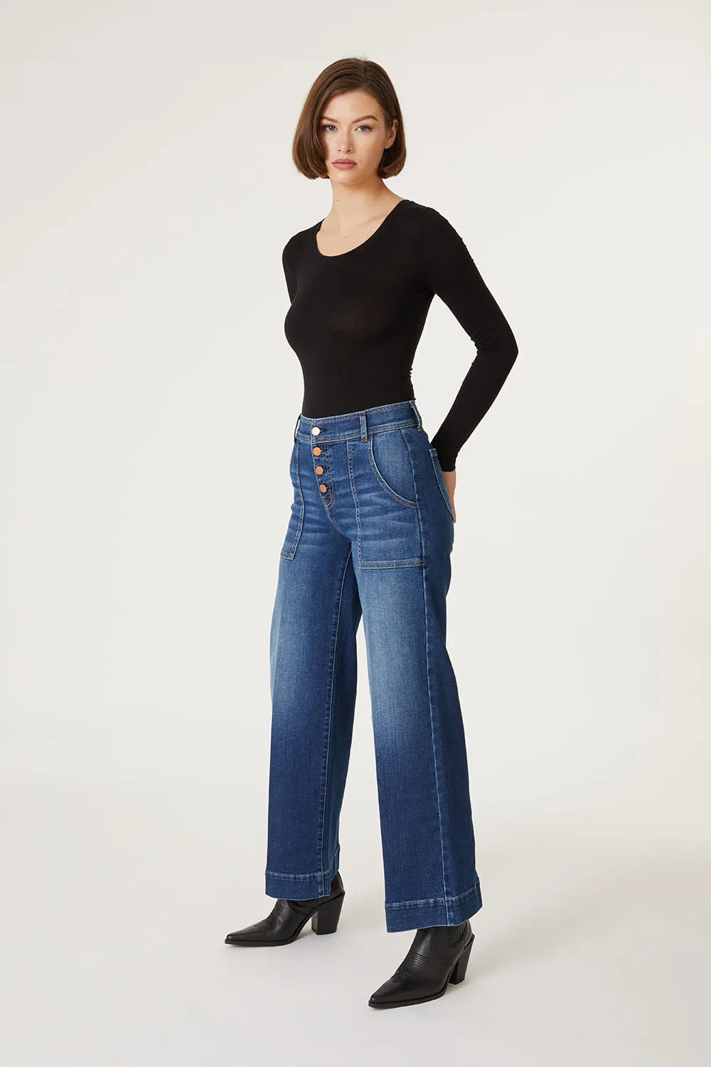 Camille Exposed Button Wide Leg sold by Level 99