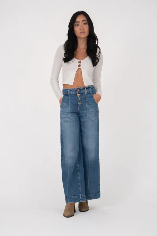Camille Exposed Button Wide Leg sold by Level 99