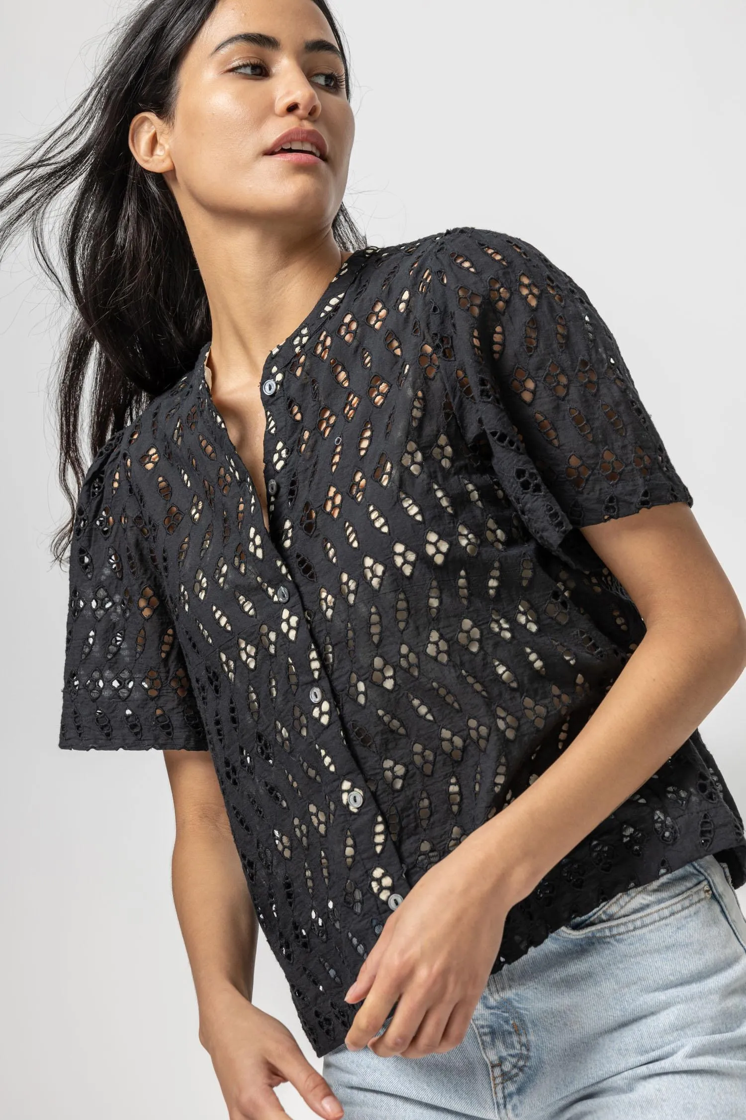 Eyelet Short Sleeve Button Down sold by Lilla P product image thumbnail 2