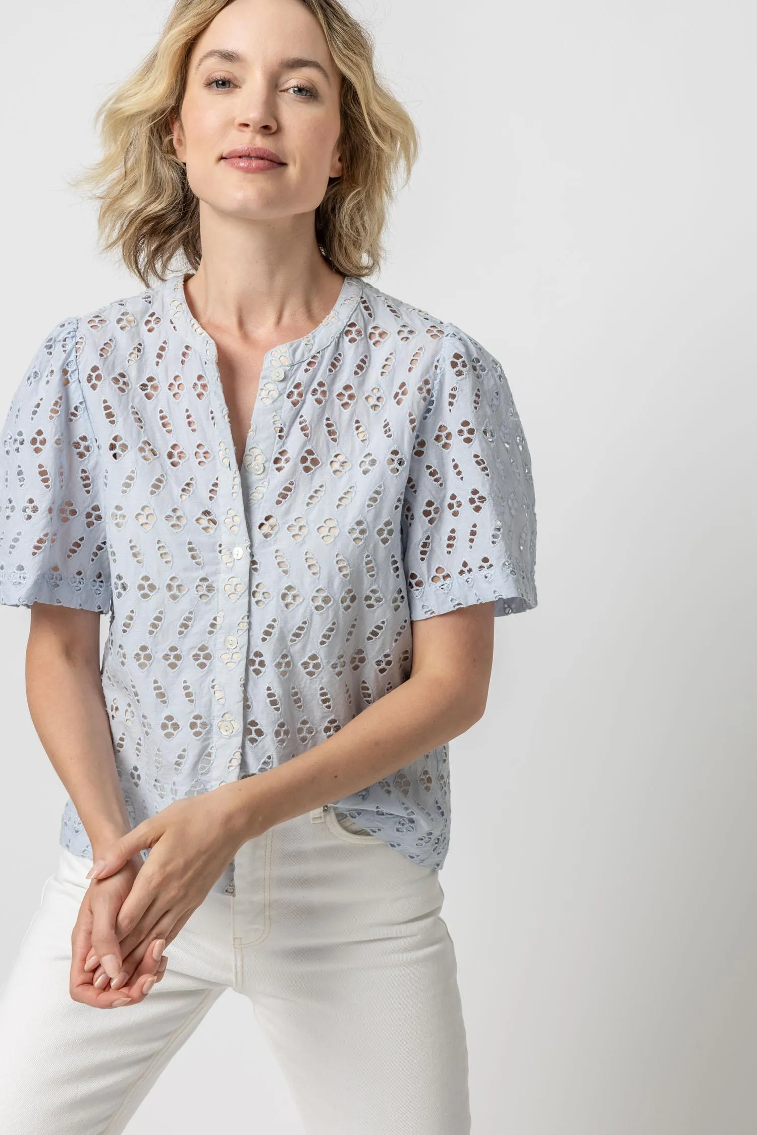 Eyelet Short Sleeve Button Down sold by Lilla P product image thumbnail 4