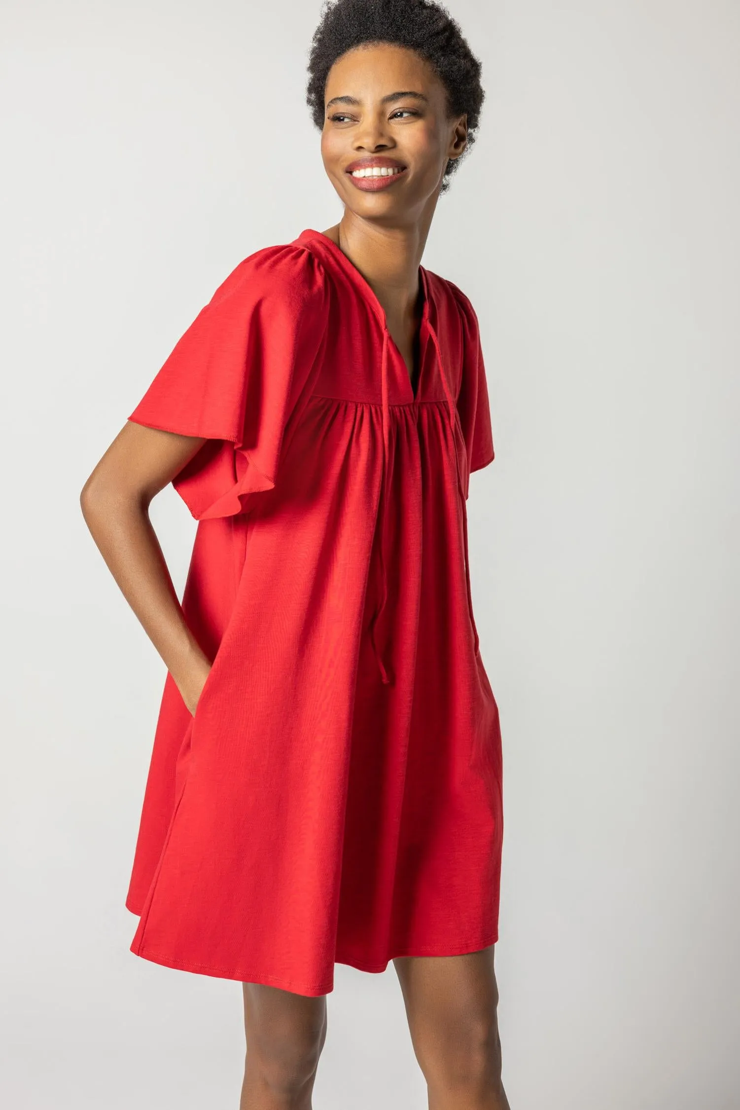 Flutter Sleeve Split Neck Dress sold by Lilla P product image thumbnail 4