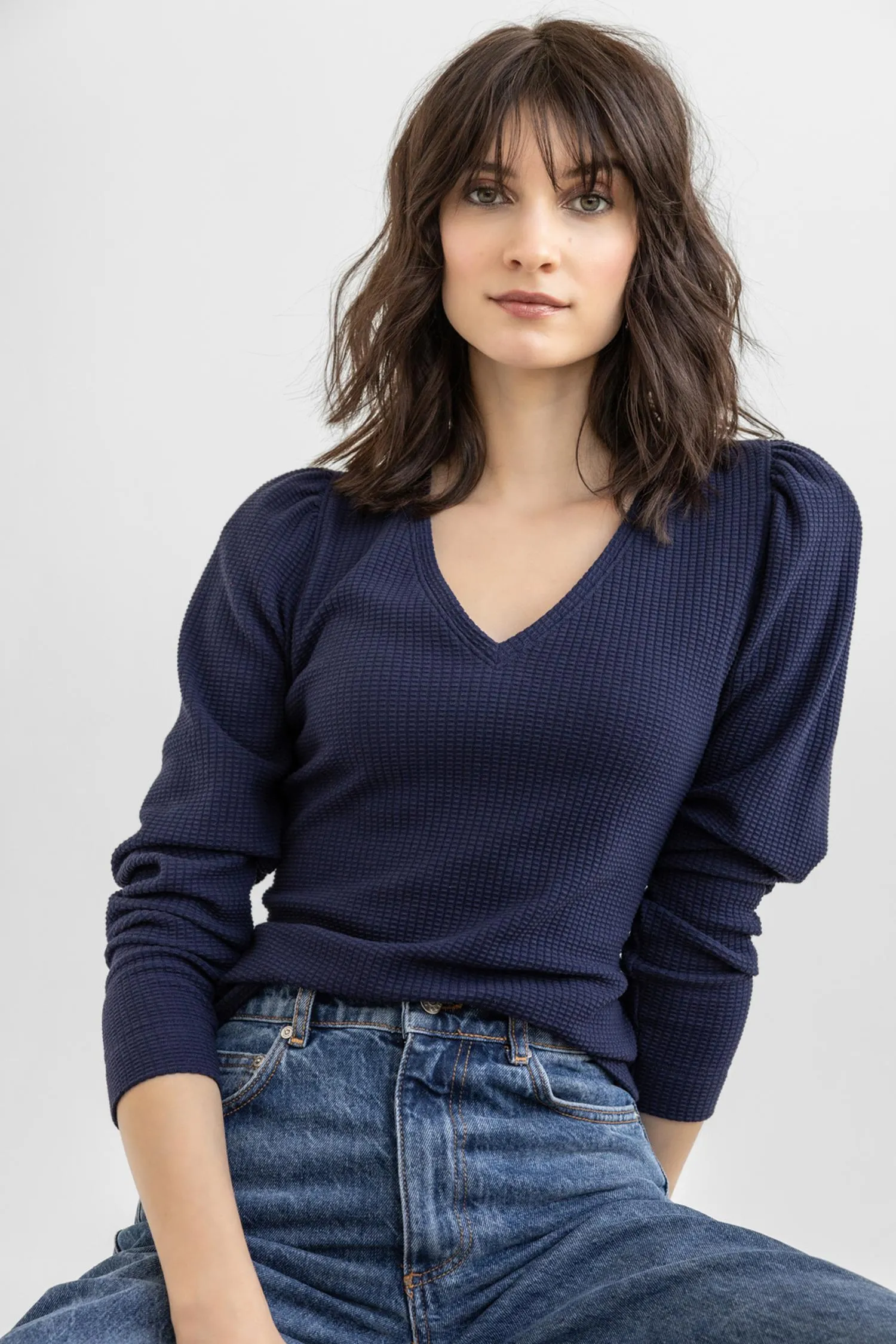 Puff Sleeve Waffle V-Neck sold by Lilla P product image thumbnail 4