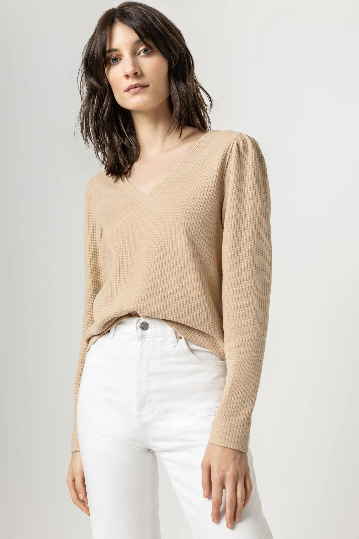 Puff Sleeve Waffle V-Neck sold by Lilla P