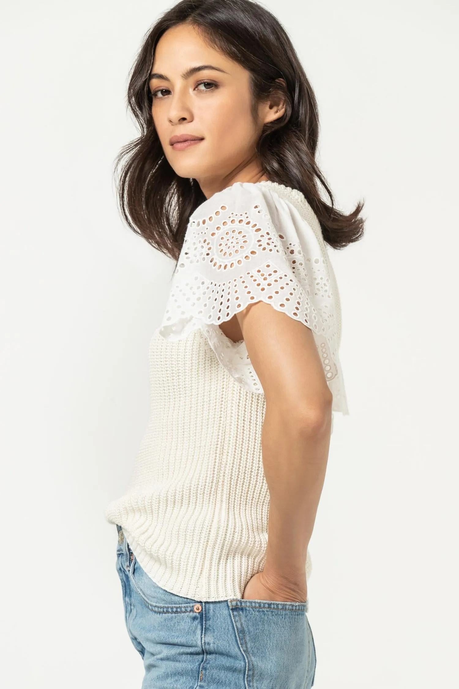 Eyelet Sleeve Crewneck Sweater sold by Lilla P