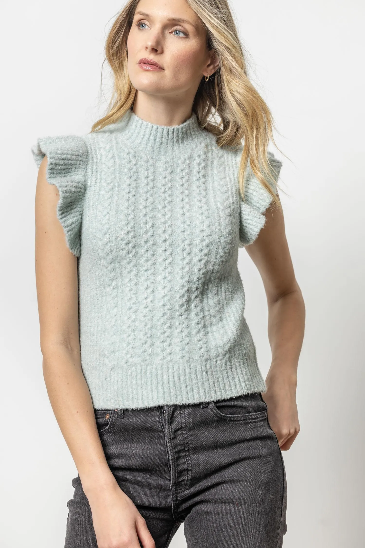 Flutter Sleeve Mock Neck Sweater sold by Lilla P