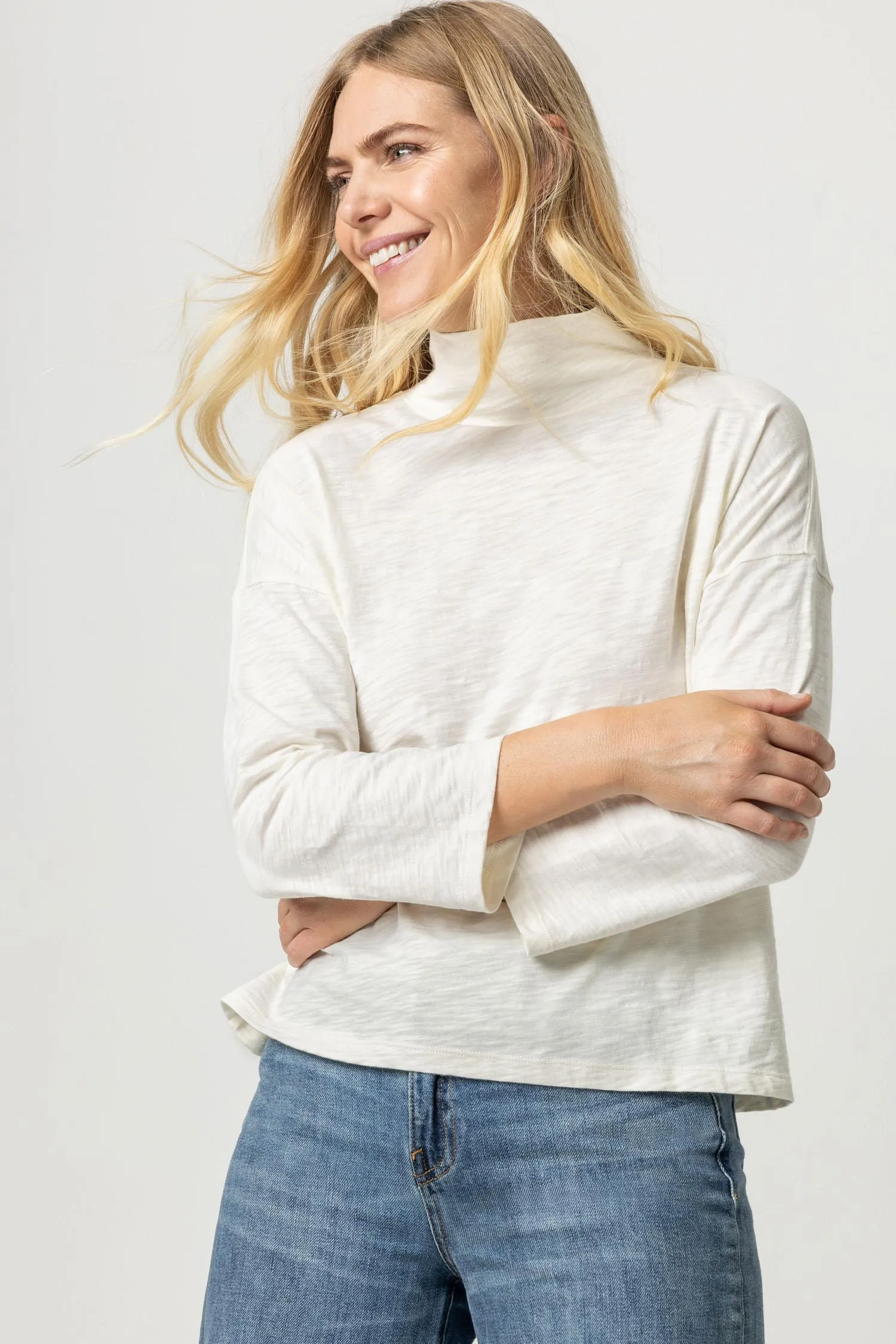 3/4 Sleeve Boxy Mock Neck sold by Lilla P