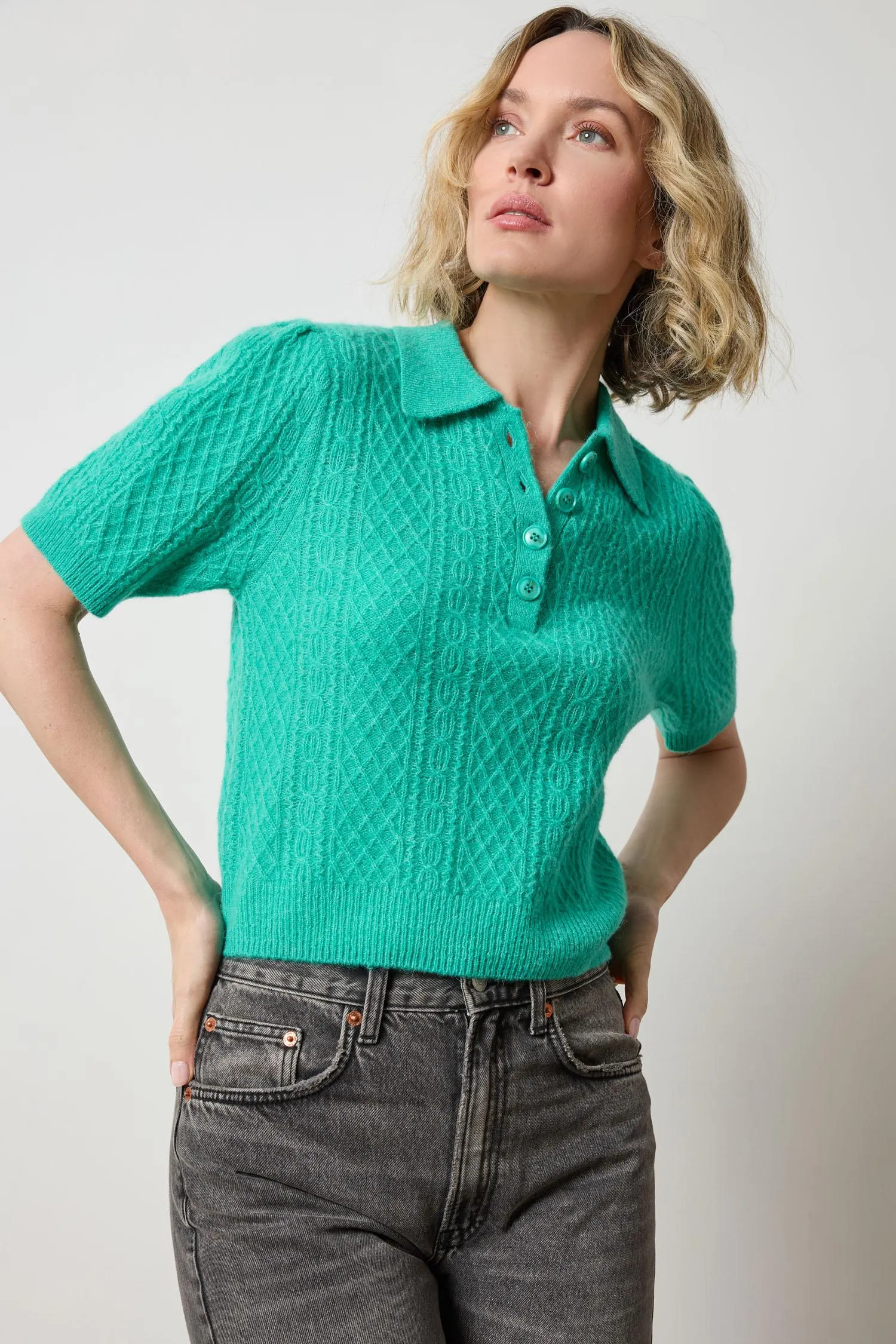 Mixed Stitch Elbow Sleeve Polo sold by Lilla P product image thumbnail 4