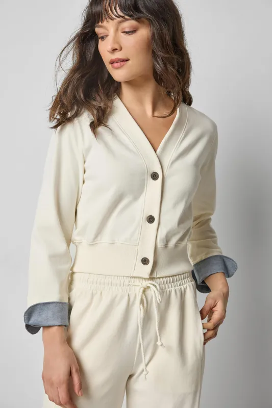 Rib Trim V-Neck Cardigan made by Lilla P