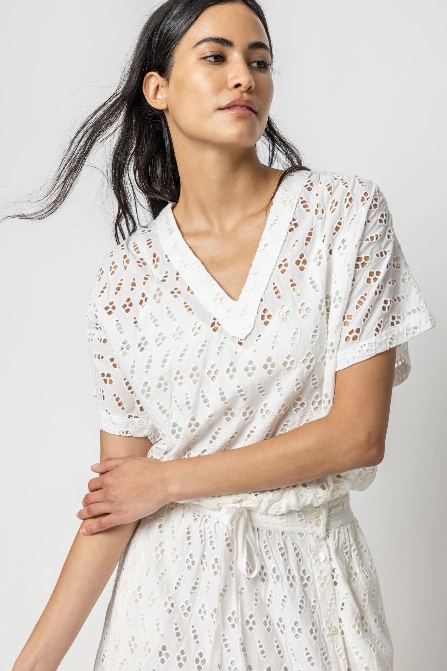 Eyelet Drawstring Dolman V-Neck sold by Lilla P