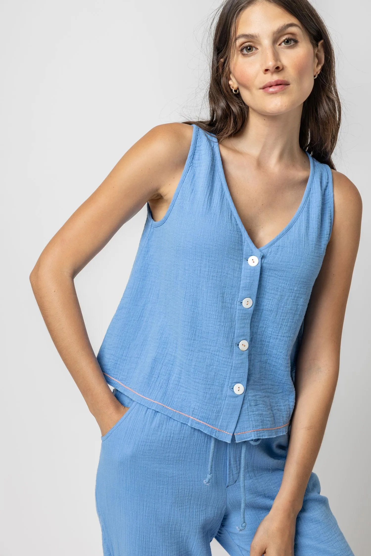 Button Front Gauze Sleeveless Top sold by Lilla P product image thumbnail 3