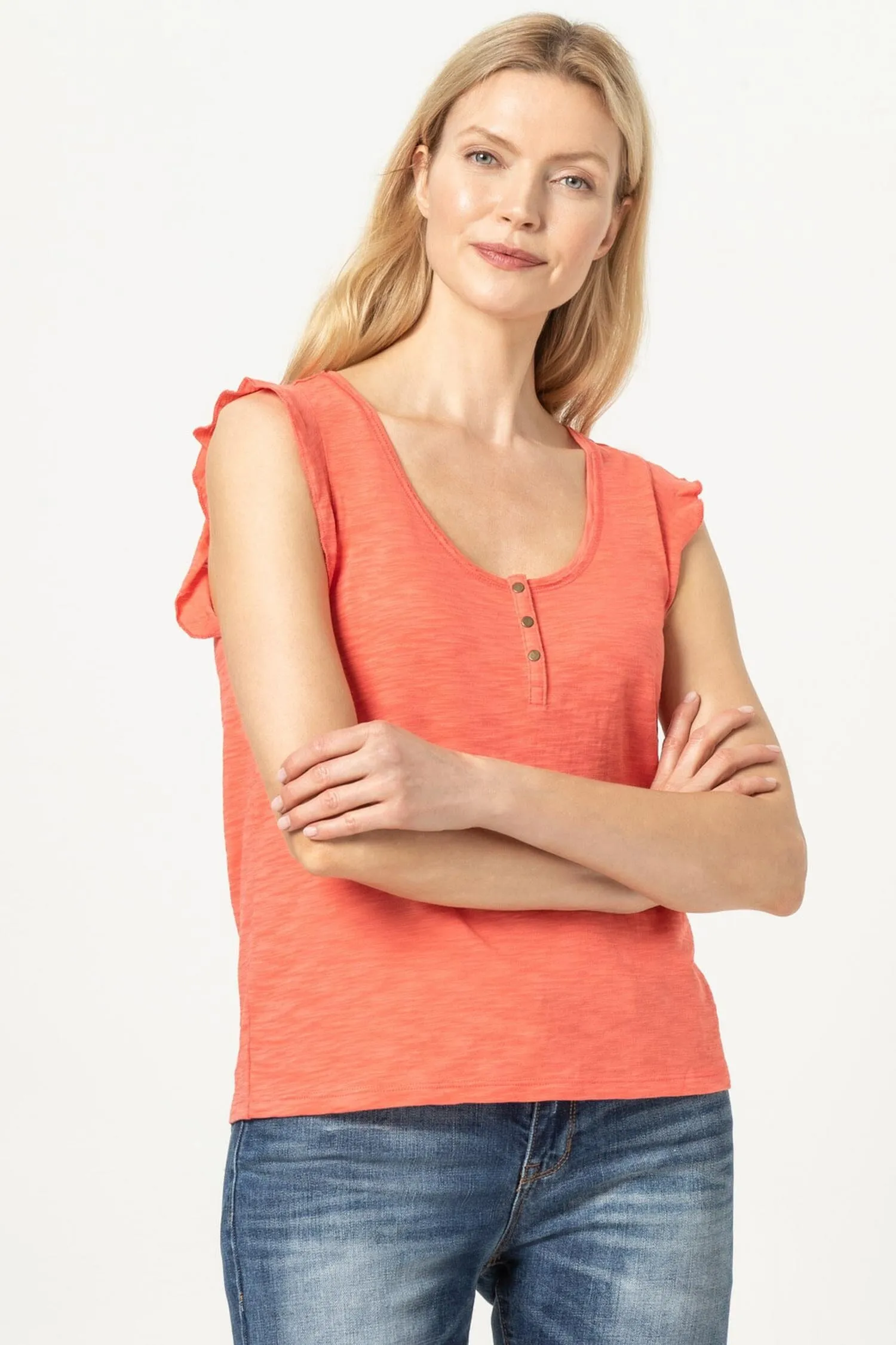 Ruffle Sleeve Scoop Neck Henley sold by Lilla P