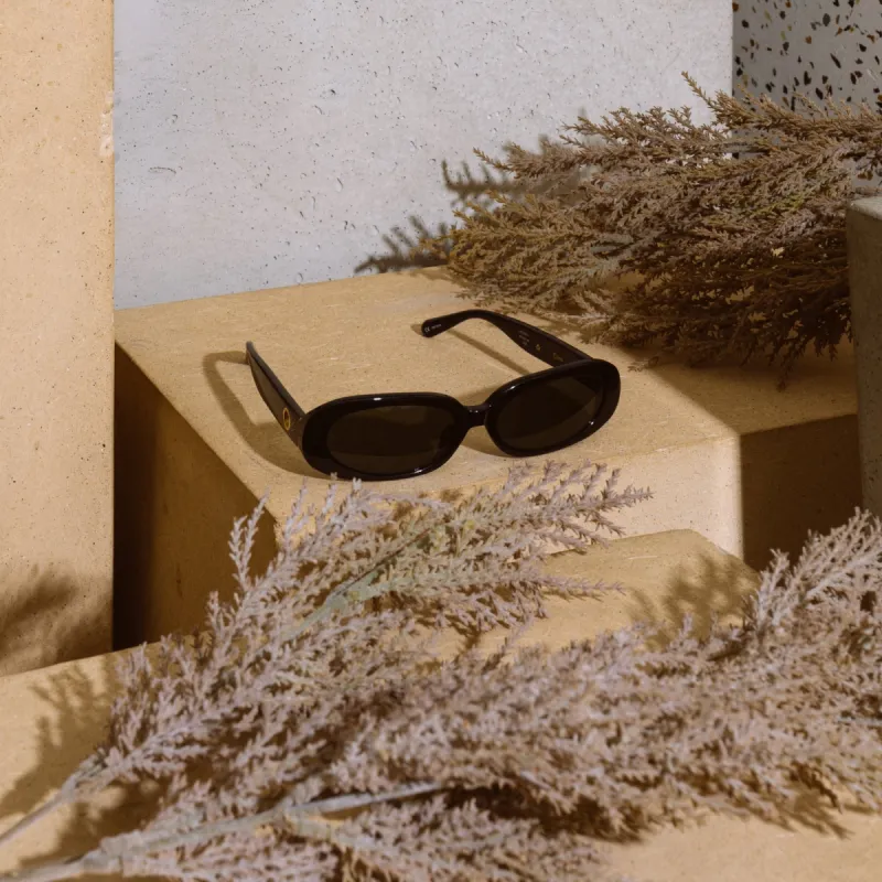 Cara Oval Sunglasses in Black sold by Linda Farrow