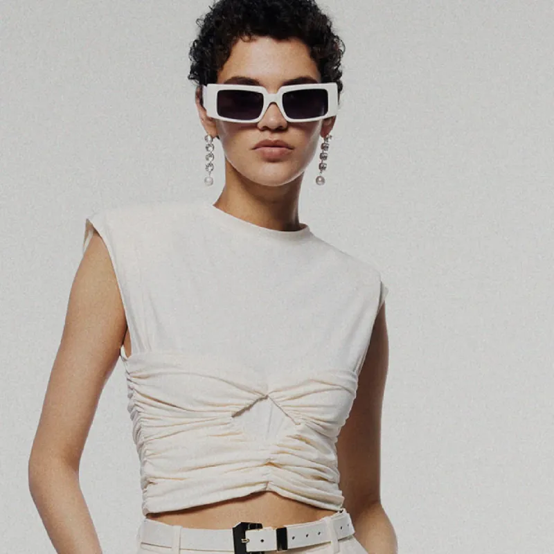 Magda Butrym x LF Rectangular Sunglasses in Black and White sold by Linda Farrow