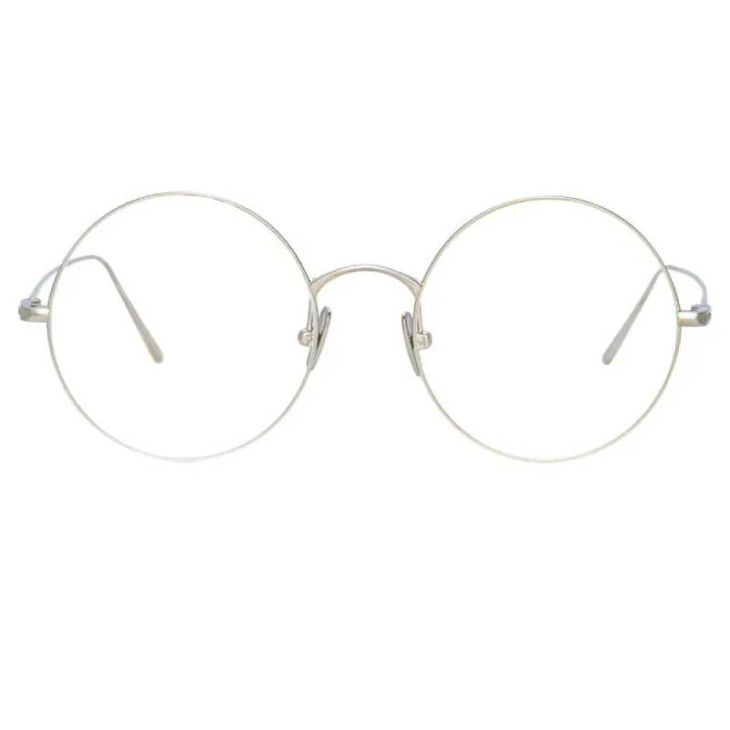 Zaha Round Optical Frame in White Gold sold by Linda Farrow
