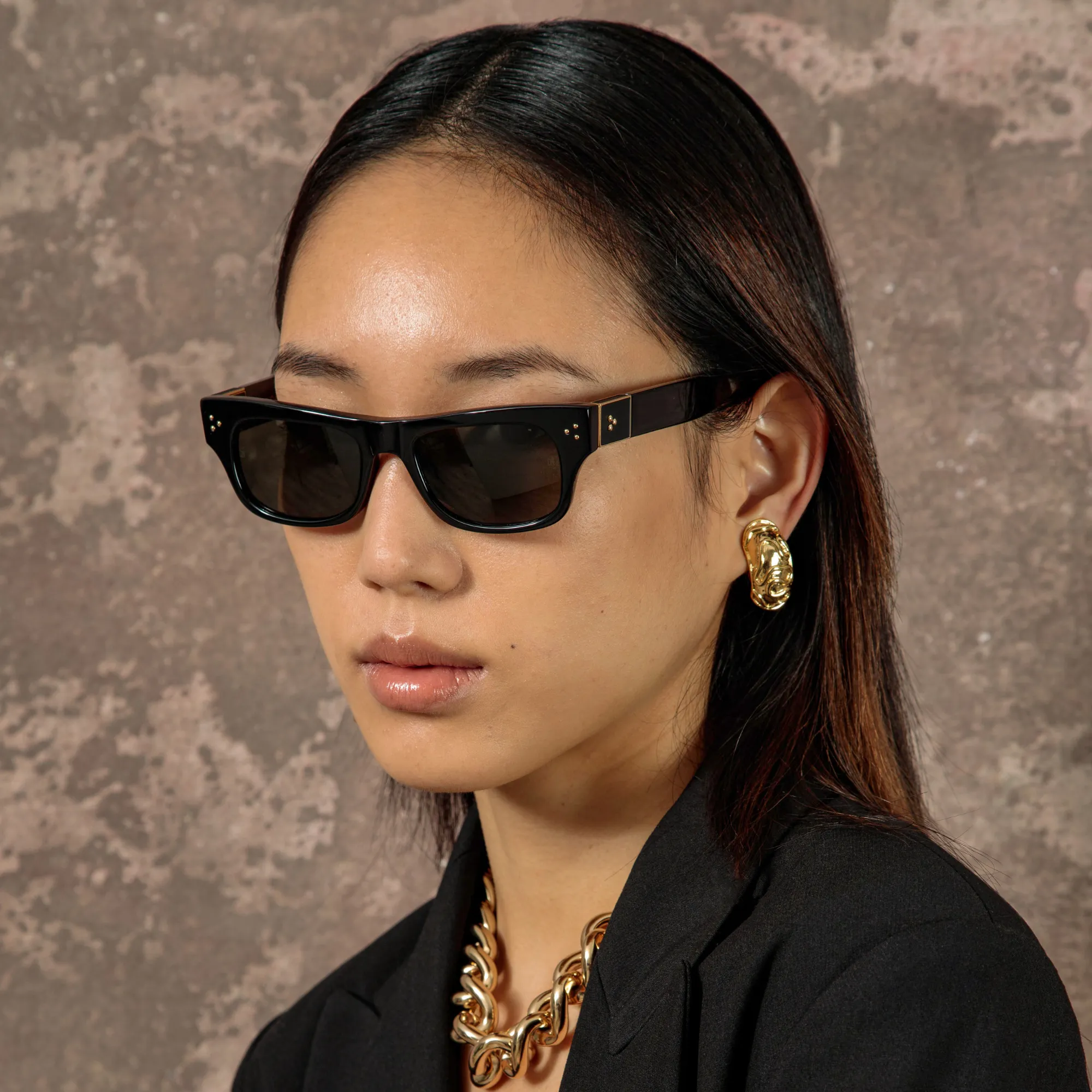 Falck Rectangular Sunglasses in Black sold by Linda Farrow