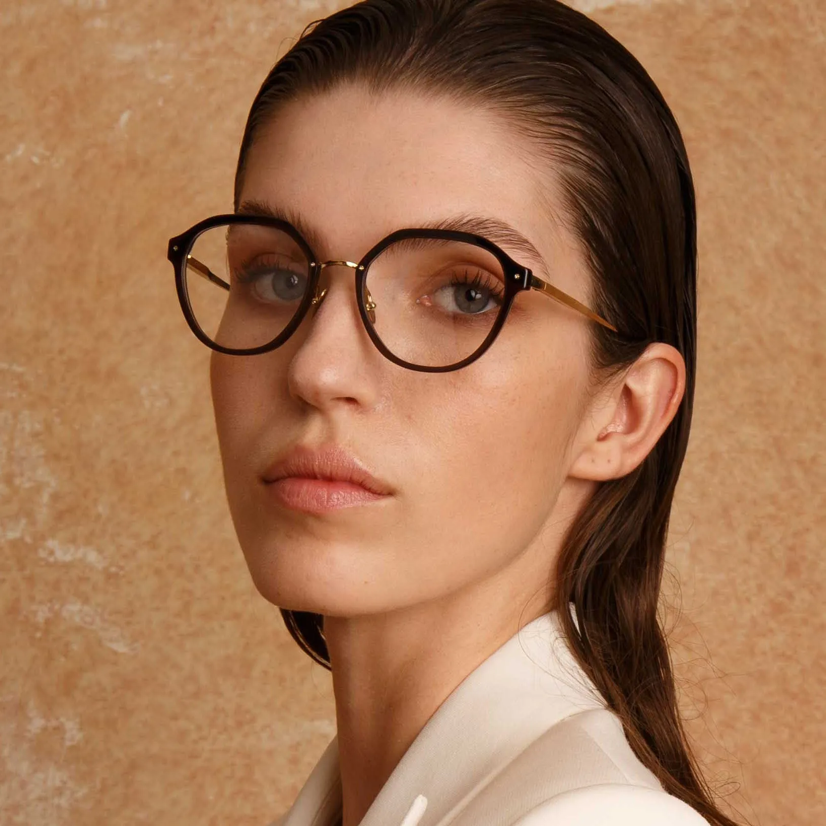 Cacao Angular Optical Frame in Tortoiseshell sold by Linda Farrow