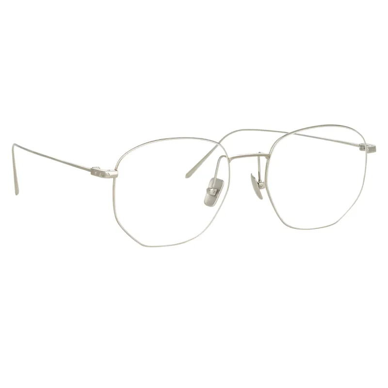 Rohe Angular Optical Frame in White Gold sold by Linda Farrow