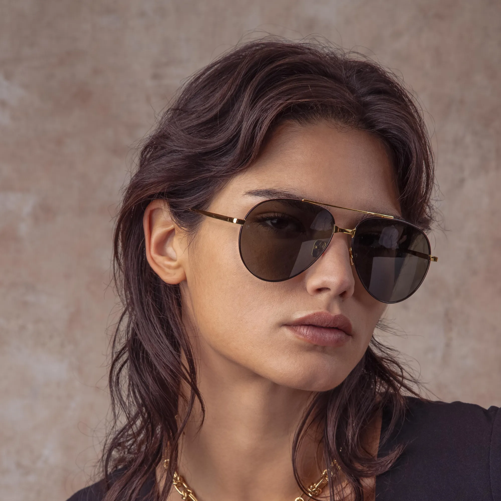 Marcelo Aviator Sunglasses in Black and Yellow Gold sold by Linda Farrow