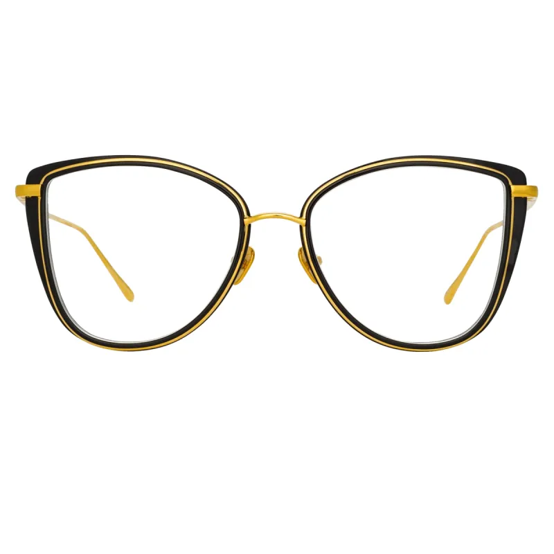 Liza Cat Eye Optical Frame in Black and Yellow Gold sold by Linda Farrow