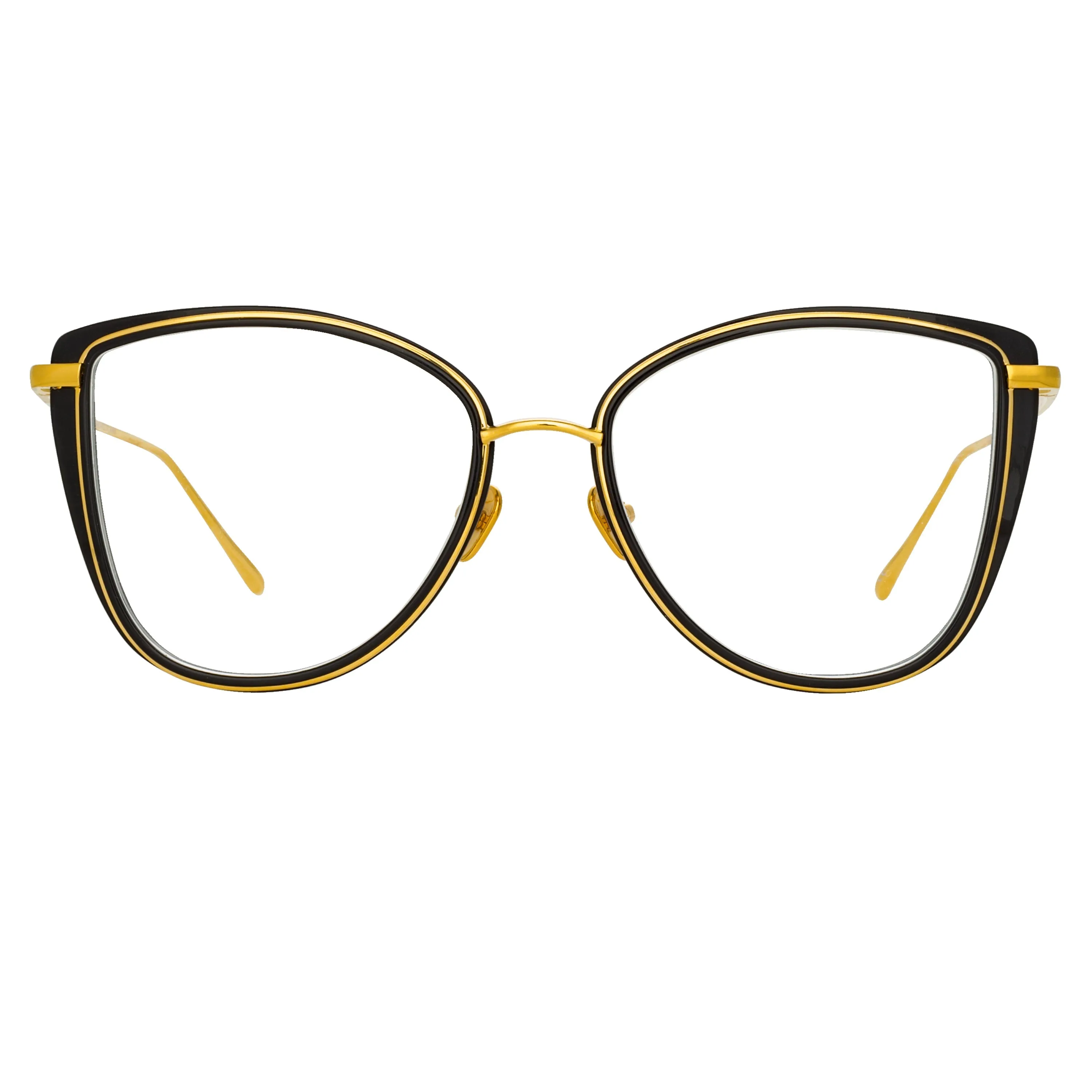 Liza Cat Eye Optical Frame in Black and Yellow Gold sold by Linda Farrow