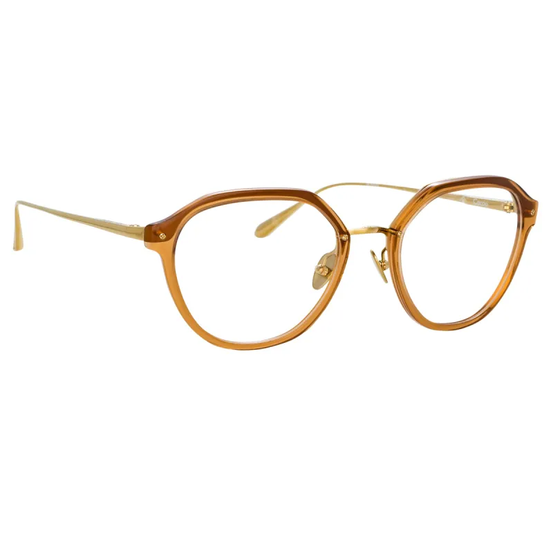 Cacao Angular Optical Frame in Tobacco sold by Linda Farrow