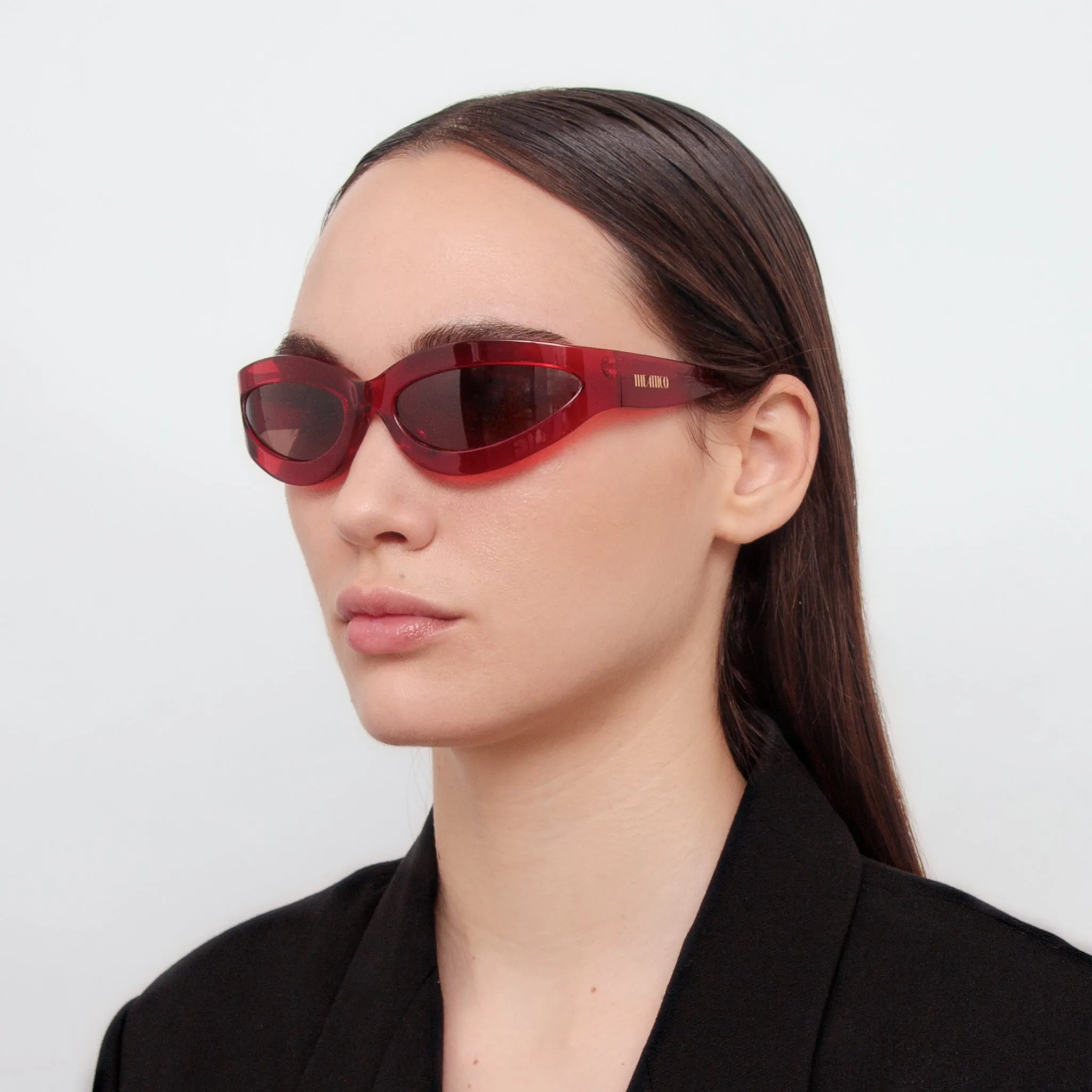 Agnes Wrap Sunglasses in Red sold by Linda Farrow